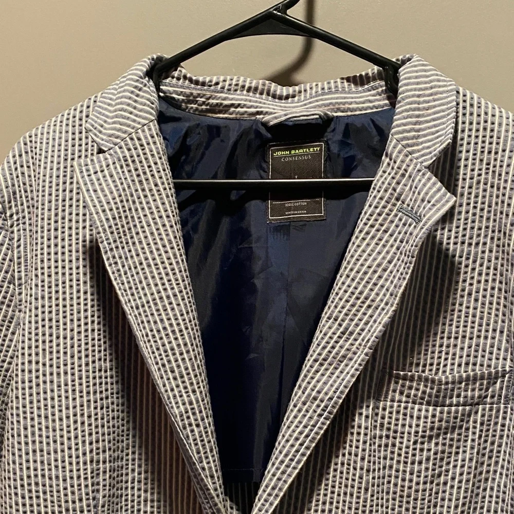 Seersucker Blazer Mens L Blue Taupe Summer Jacket John Bartlett Consensus
